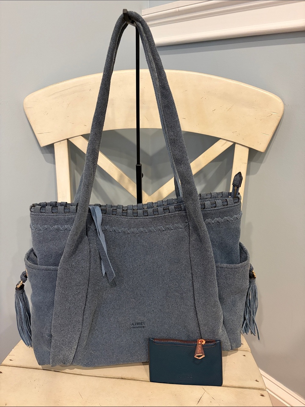 Aimee Kestenberg Blue Tote Bag with Tassel Accent Denim and card holder SET